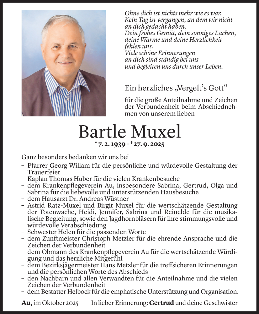  Todesanzeige für Bartle Muxel vom 16.10.2025 aus Vorarlberger Nachrichten