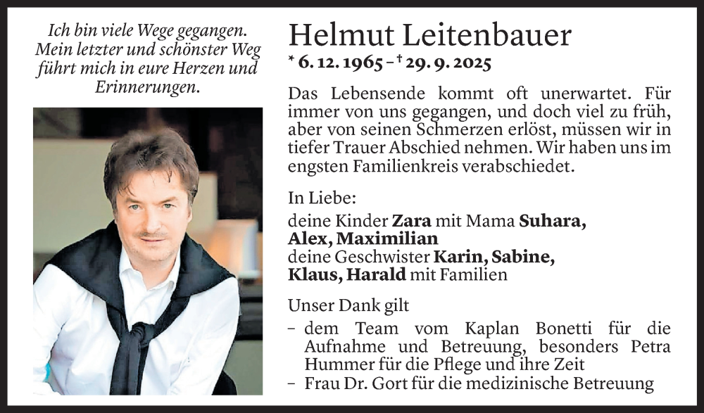  Todesanzeige für Helmut Leitenbauer vom 07.10.2025 aus Vorarlberger Nachrichten