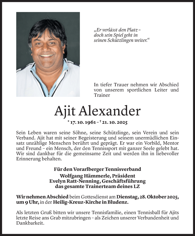  Todesanzeige für Ajit Alexander vom 25.10.2025 aus Vorarlberger Nachrichten