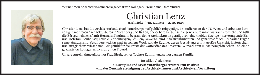  Todesanzeige für Christian Lenz vom 23.10.2025 aus Vorarlberger Nachrichten