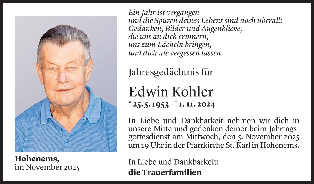  Todesanzeige für Edwin Kohler vom 03.11.2025 aus Vorarlberger Nachrichten