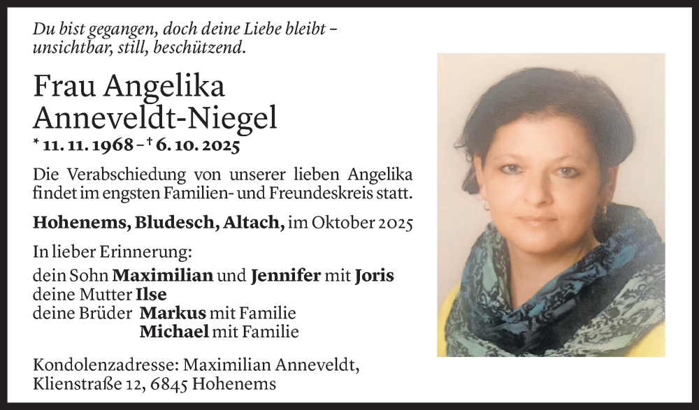  Todesanzeige für Angelika Anneveldt-Niegel vom 25.10.2025 aus Vorarlberger Nachrichten