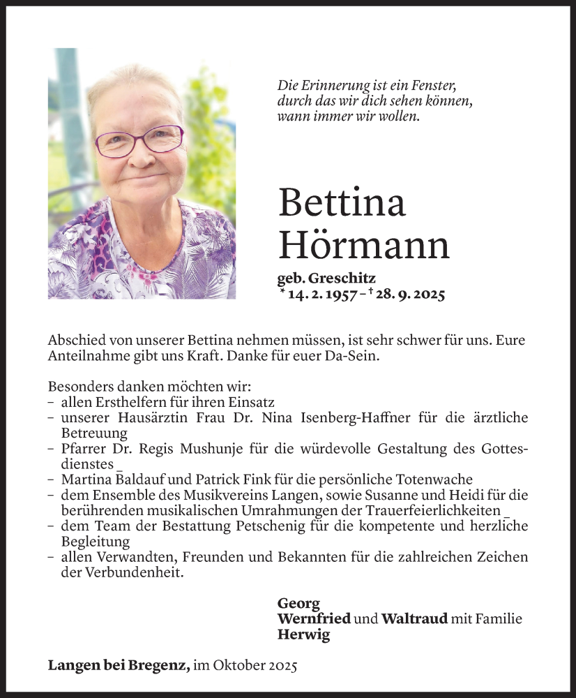  Todesanzeige für Bettina Hörmann vom 26.10.2025 aus Vorarlberger Nachrichten