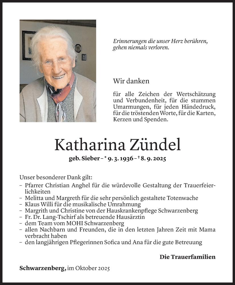  Todesanzeige für Katharina Zündel vom 24.10.2024 aus Vorarlberger Nachrichten