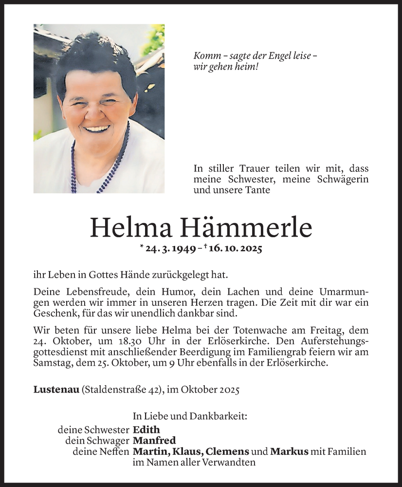  Todesanzeige für Helma Hämmerle vom 21.10.2025 aus Vorarlberger Nachrichten