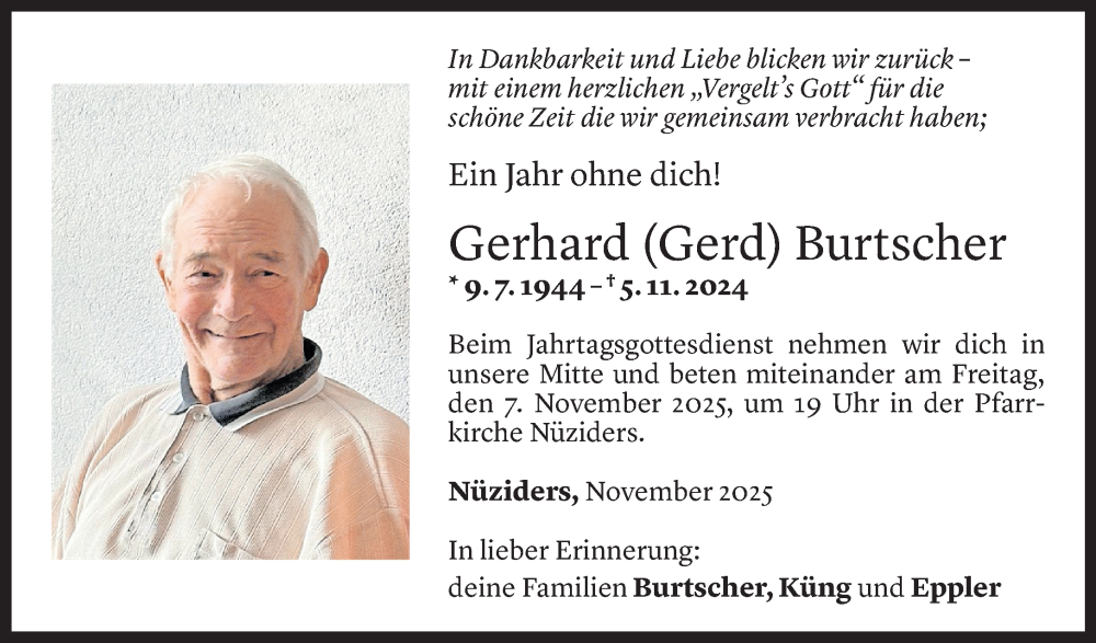  Todesanzeige für Gerhard Burtscher vom 31.10.2025 aus Vorarlberger Nachrichten