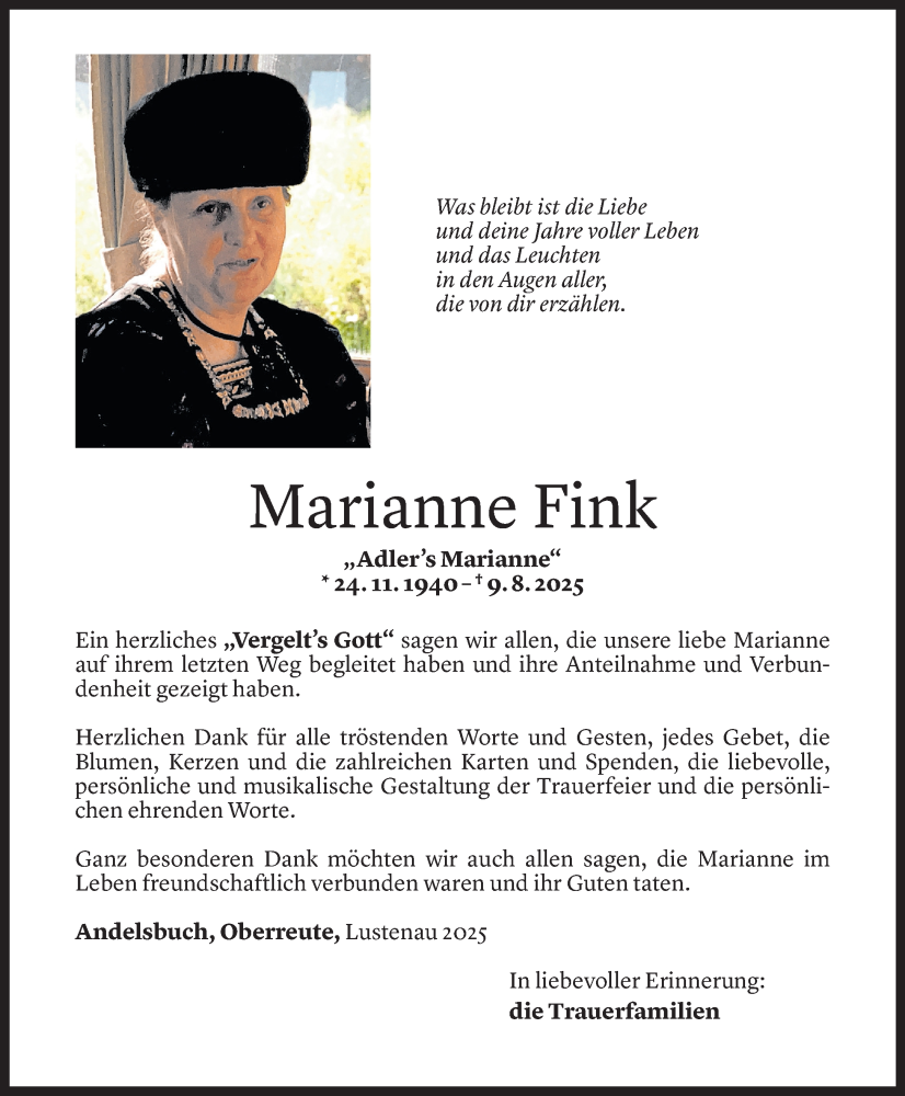  Todesanzeige für Marianne Fink vom 30.10.2025 aus Vorarlberger Nachrichten