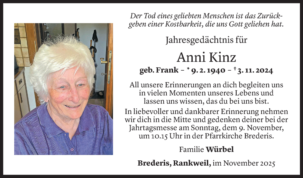  Todesanzeige für Anni Kinz vom 02.11.2025 aus Vorarlberger Nachrichten
