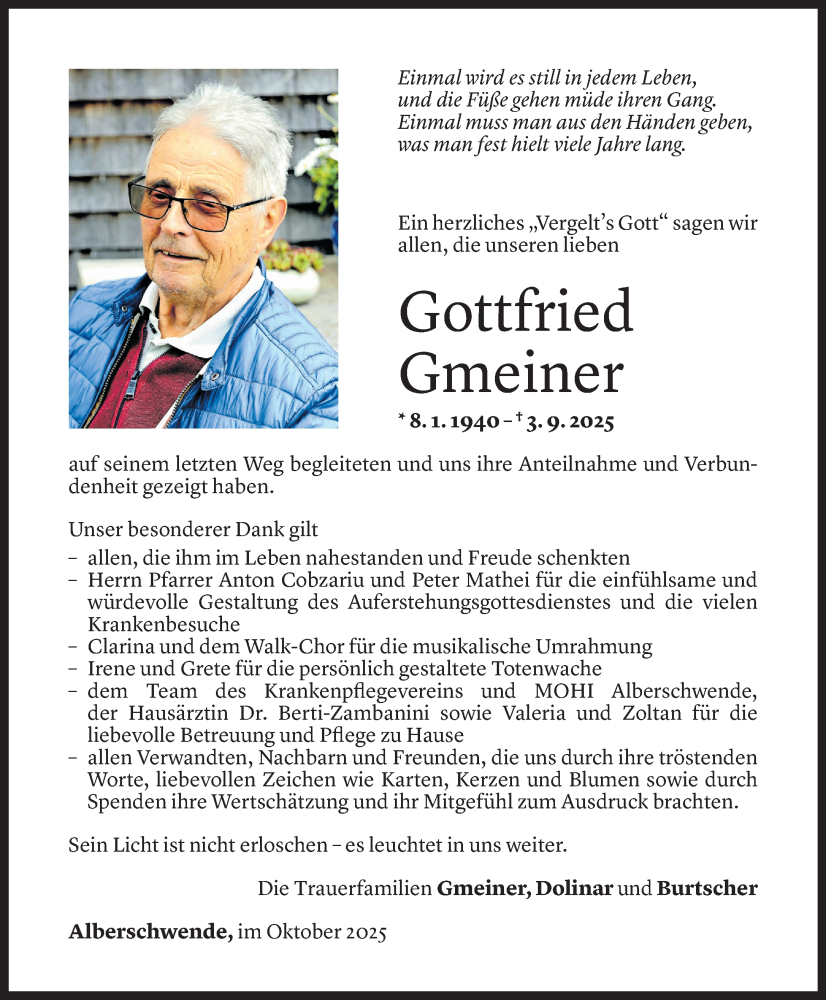  Todesanzeige für Gottfried Gmeiner vom 16.10.2025 aus Vorarlberger Nachrichten