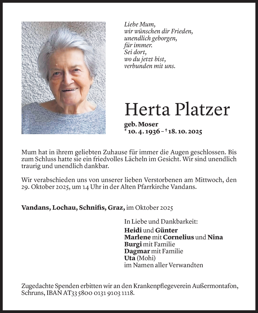  Todesanzeige für Herta Platzer vom 24.10.2025 aus Vorarlberger Nachrichten
