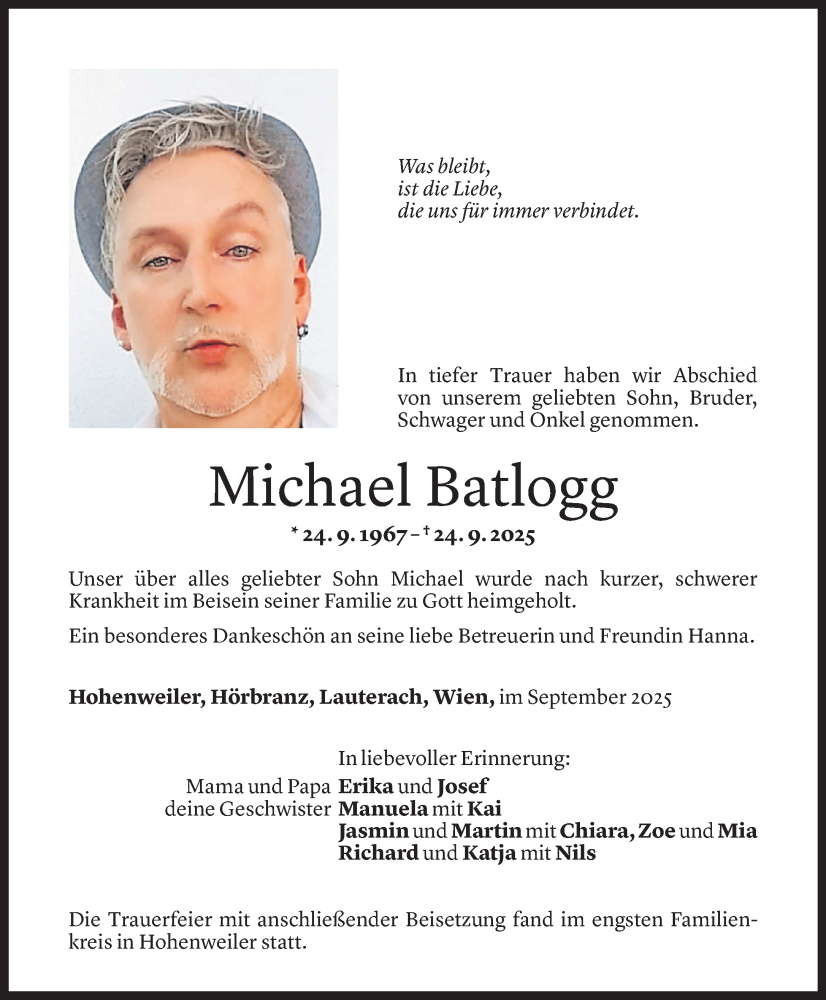  Todesanzeige für Michael Batlogg vom 08.10.2025 aus Vorarlberger Nachrichten