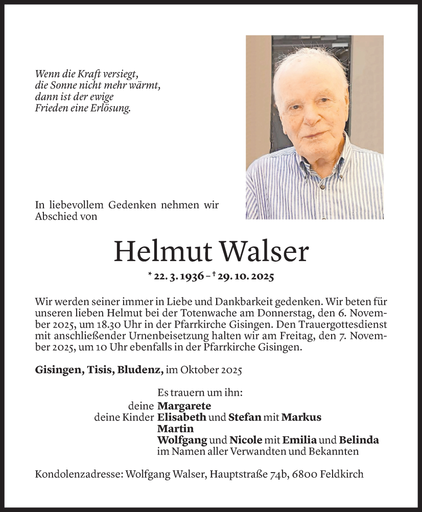  Todesanzeige für Helmut Walser vom 30.10.2025 aus Vorarlberger Nachrichten