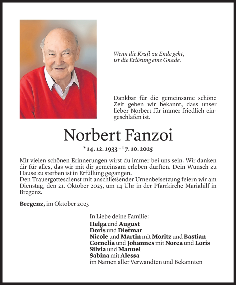  Todesanzeige für Norbert Fanzoi vom 17.10.2025 aus Vorarlberger Nachrichten