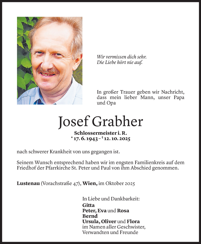  Todesanzeige für Josef Grabher vom 18.10.2025 aus Vorarlberger Nachrichten