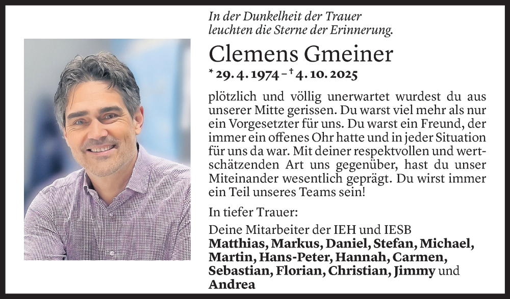  Todesanzeige für Clemens Gmeiner vom 07.10.2025 aus Vorarlberger Nachrichten