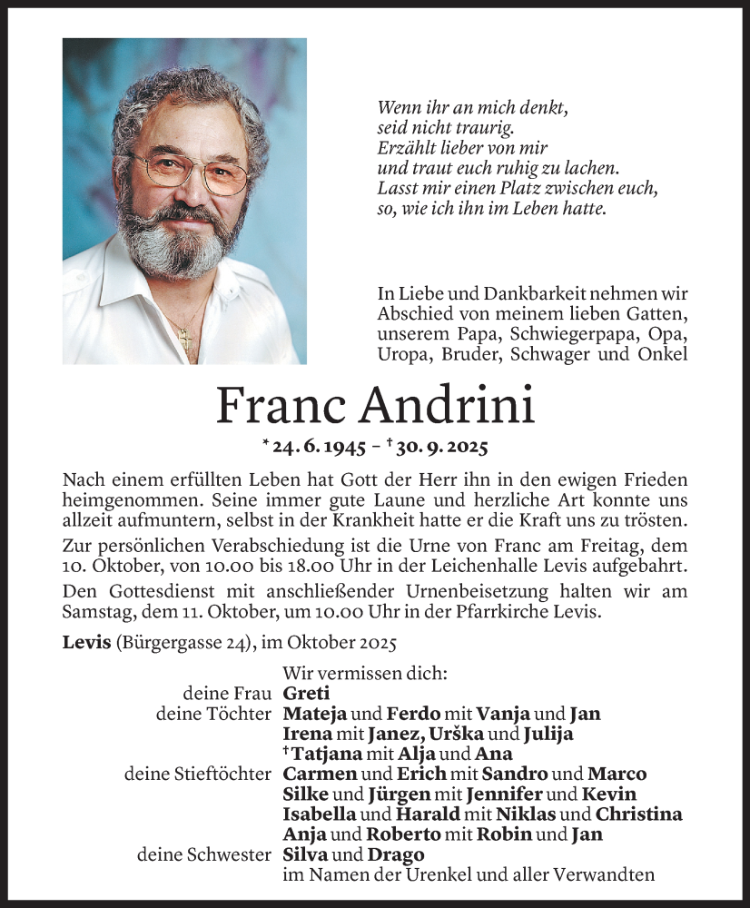  Todesanzeige für Franc Andrini vom 02.10.2025 aus Vorarlberger Nachrichten