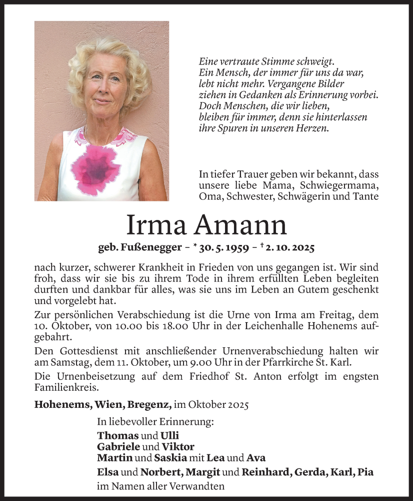  Todesanzeige für Irma Amann vom 06.10.2025 aus Vorarlberger Nachrichten