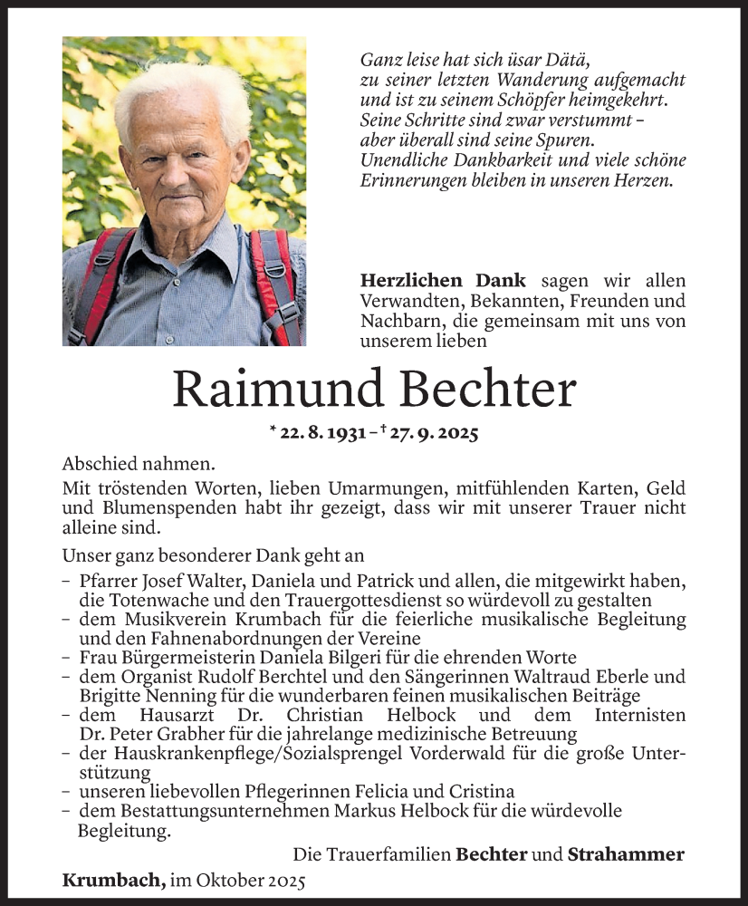  Todesanzeige für Raimund Bechter vom 29.10.2025 aus Vorarlberger Nachrichten