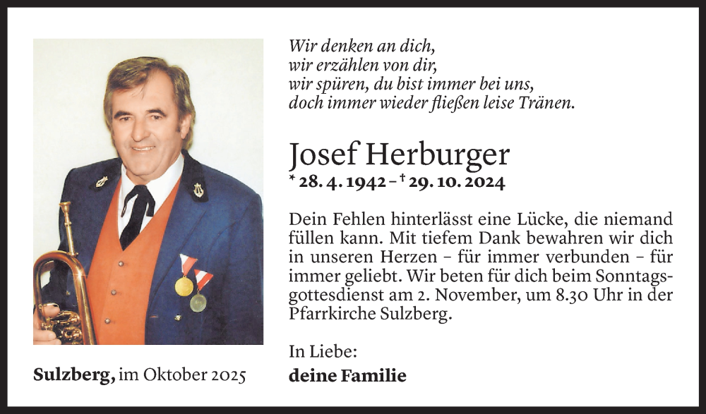  Todesanzeige für Josef Herburger vom 28.10.2025 aus Vorarlberger Nachrichten