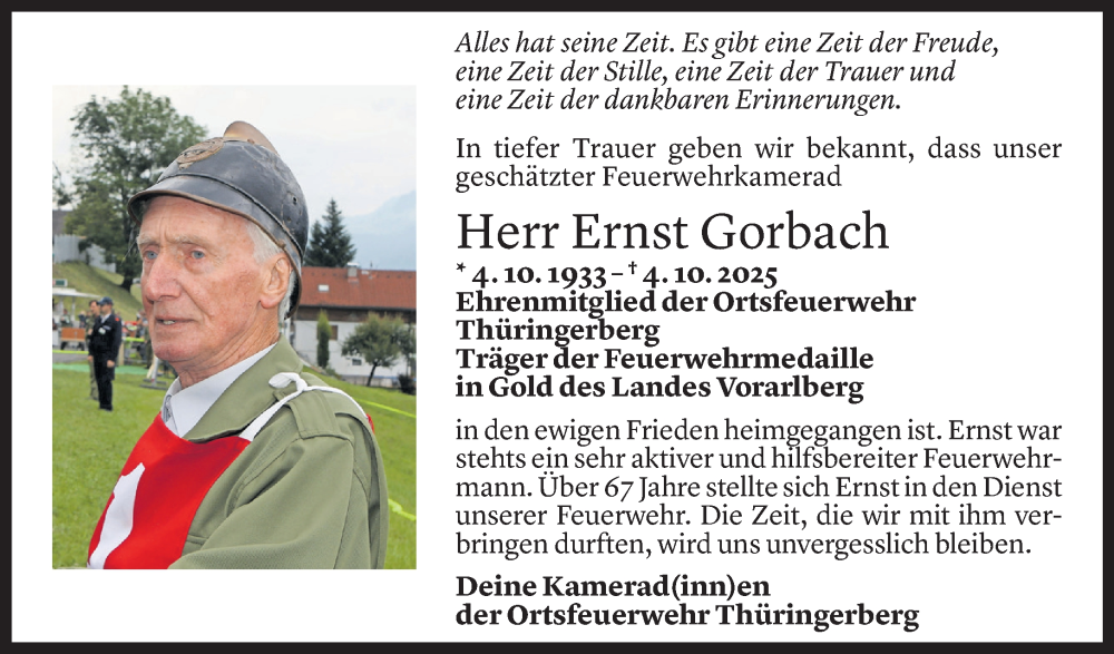  Todesanzeige für Ernst Gorbach vom 10.10.2025 aus Vorarlberger Nachrichten