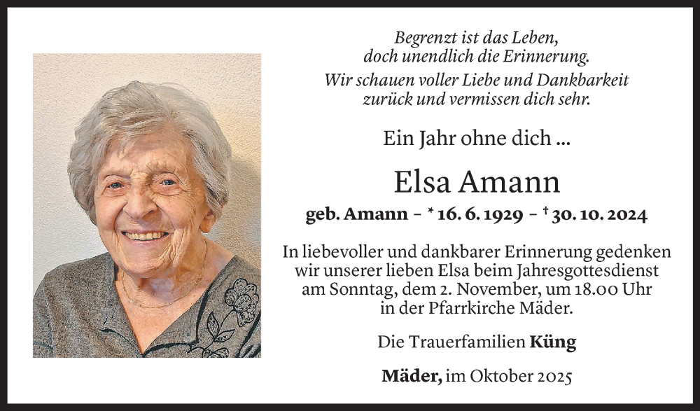  Todesanzeige für Elsa Amann vom 29.10.2025 aus Vorarlberger Nachrichten