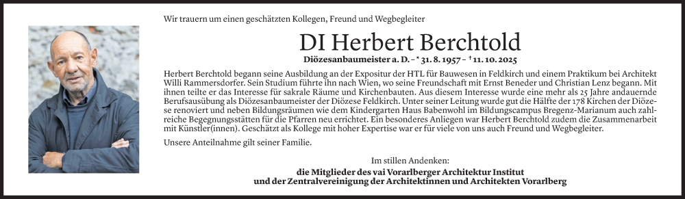  Todesanzeige für Herbert Berchtold vom 23.10.2025 aus Vorarlberger Nachrichten