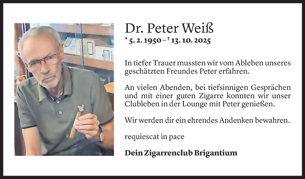  Todesanzeige für Peter Weiß vom 23.10.2025 aus Vorarlberger Nachrichten