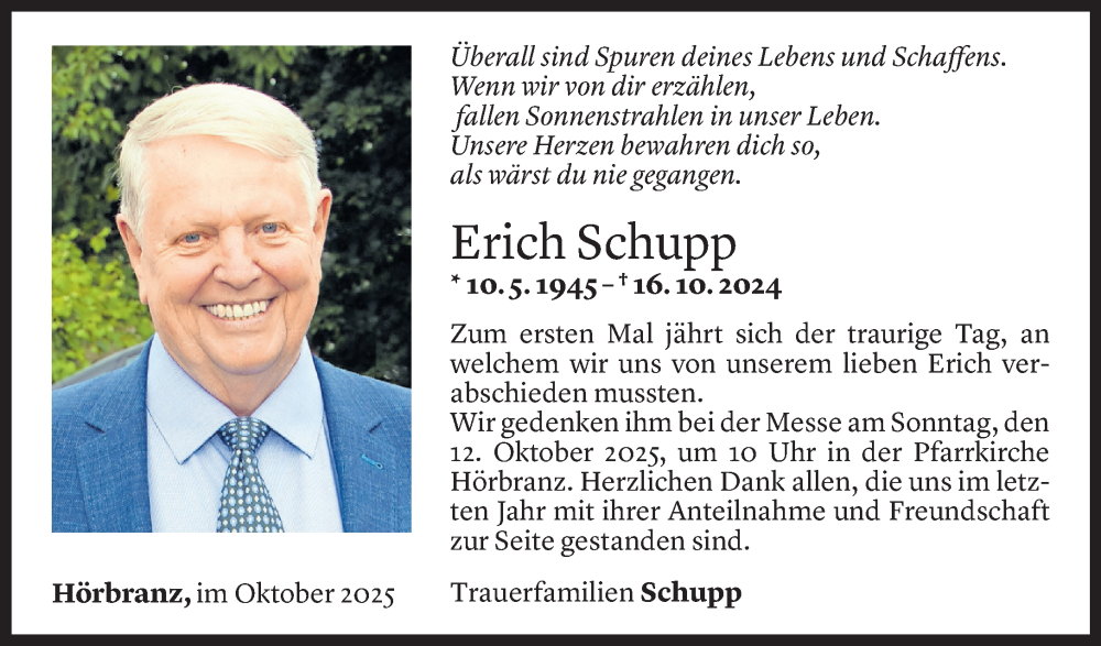  Todesanzeige für Erich Schupp vom 09.10.2025 aus Vorarlberger Nachrichten