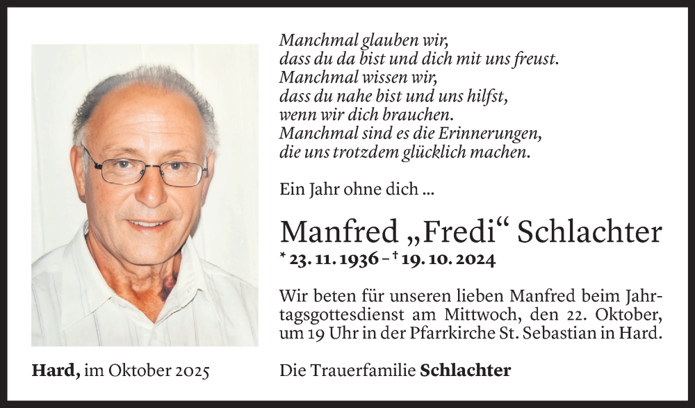  Todesanzeige für Manfred Schlachter vom 17.10.2025 aus Vorarlberger Nachrichten