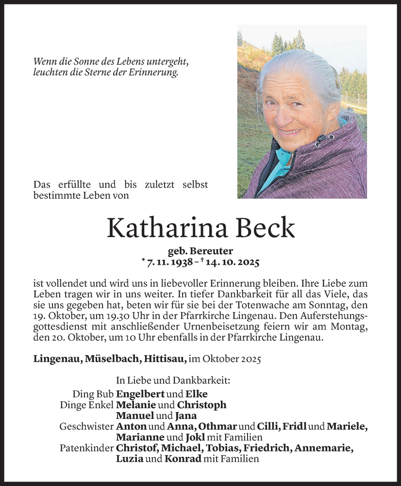  Todesanzeige für Katharina Beck vom 17.10.2025 aus Vorarlberger Nachrichten