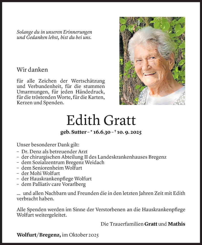  Todesanzeige für Edith Gratt vom 17.10.2025 aus Vorarlberger Nachrichten