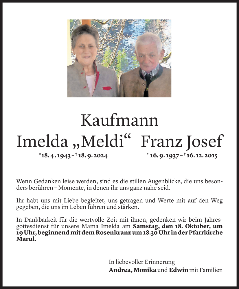  Todesanzeige für Imelda Kaufmann vom 09.10.2025 aus Vorarlberger Nachrichten