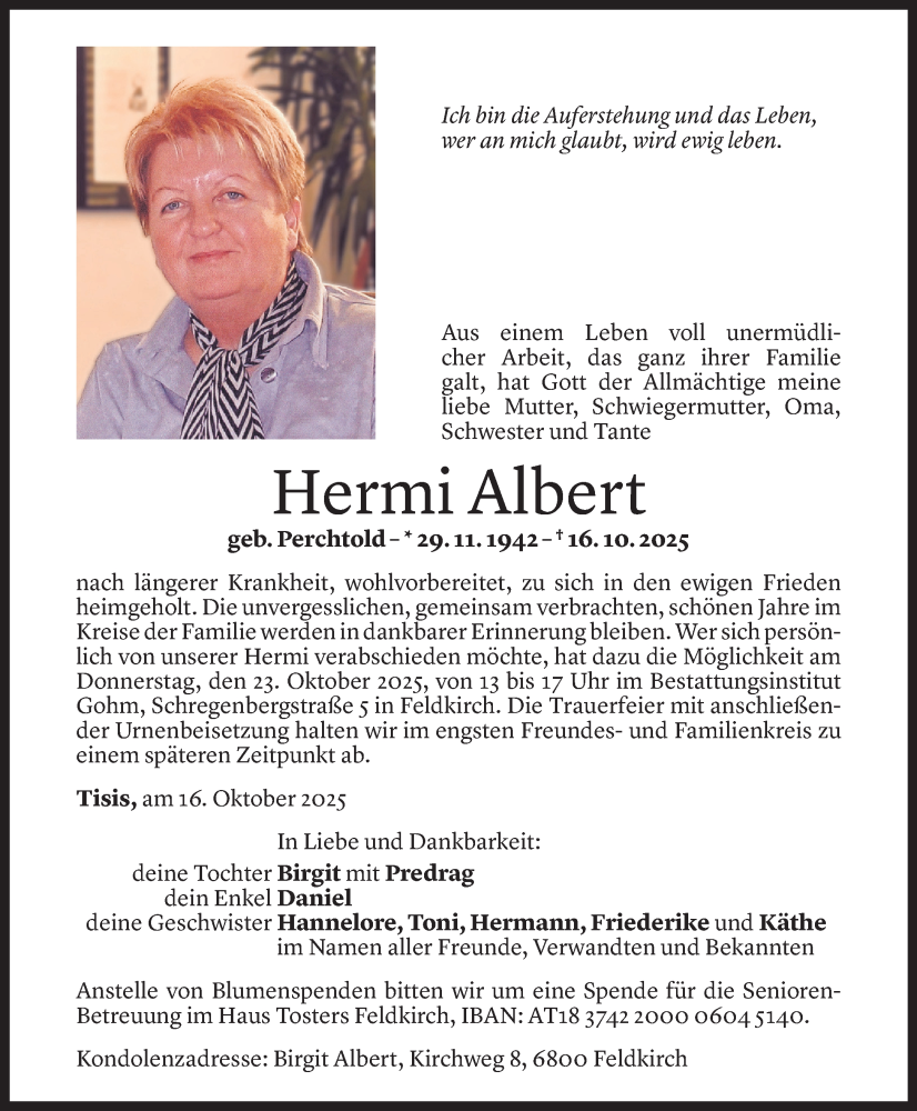  Todesanzeige für Hermi Albert vom 20.10.2025 aus Vorarlberger Nachrichten