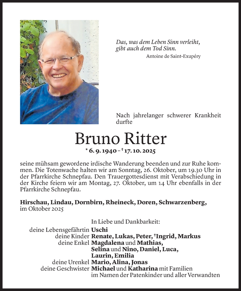  Todesanzeige für Bruno Ritter vom 23.10.2025 aus Vorarlberger Nachrichten