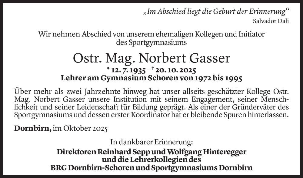  Todesanzeige für Norbert Gasser vom 21.10.2025 aus Vorarlberger Nachrichten