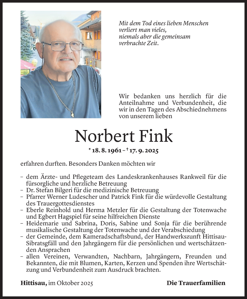  Todesanzeige für Norbert Fink vom 23.10.2025 aus Vorarlberger Nachrichten