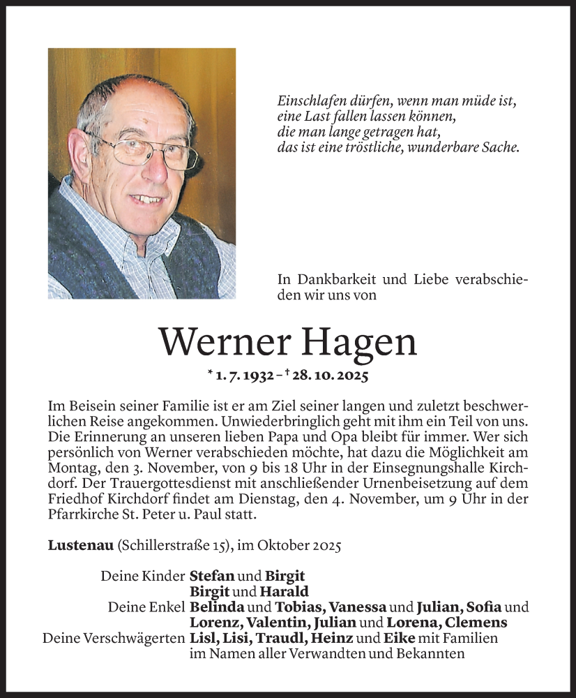  Todesanzeige für Werner Hagen vom 30.10.2025 aus Vorarlberger Nachrichten