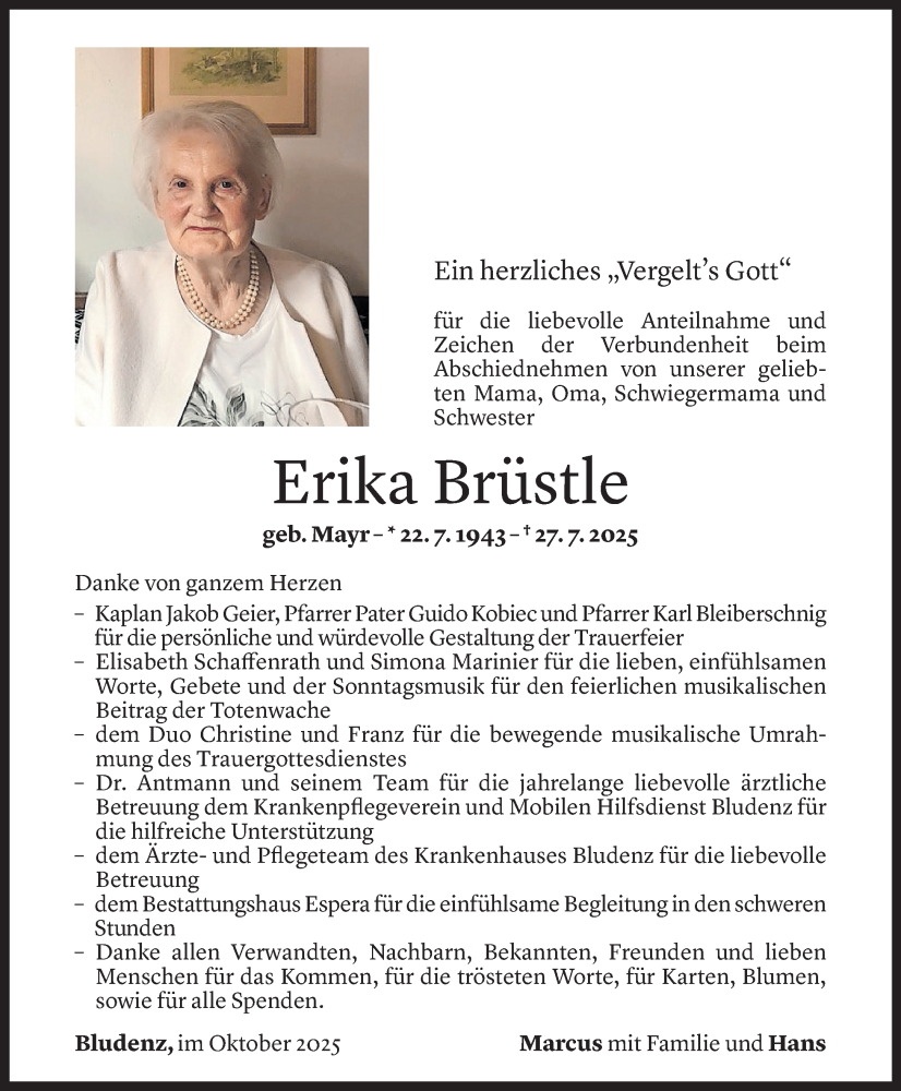  Todesanzeige für Erika Brüstle vom 03.10.2025 aus Vorarlberger Nachrichten
