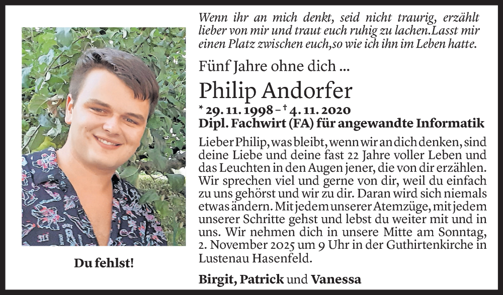 Todesanzeige für Philip Andorfer vom 30.10.2025 aus Vorarlberger Nachrichten