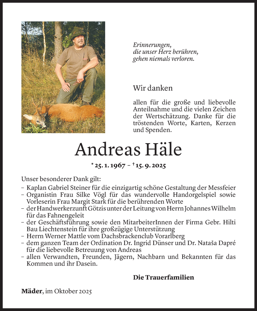  Todesanzeige für Andreas Häle vom 30.10.2025 aus Vorarlberger Nachrichten