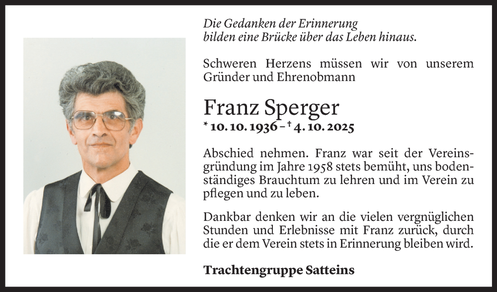  Todesanzeige für Franz Sperger vom 12.10.2025 aus Vorarlberger Nachrichten
