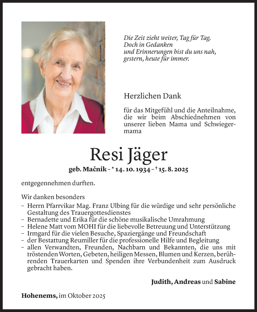  Todesanzeige für Resi Jäger vom 24.10.2025 aus Vorarlberger Nachrichten