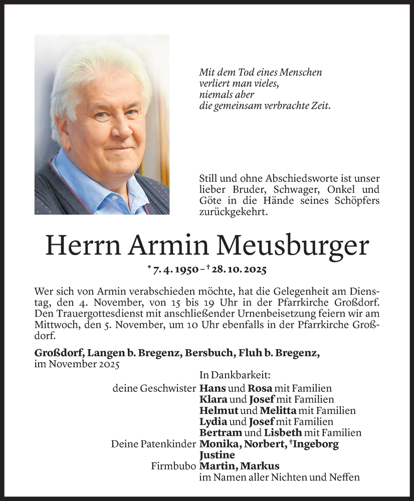  Todesanzeige für Armin Meusburger vom 02.11.2025 aus Vorarlberger Nachrichten
