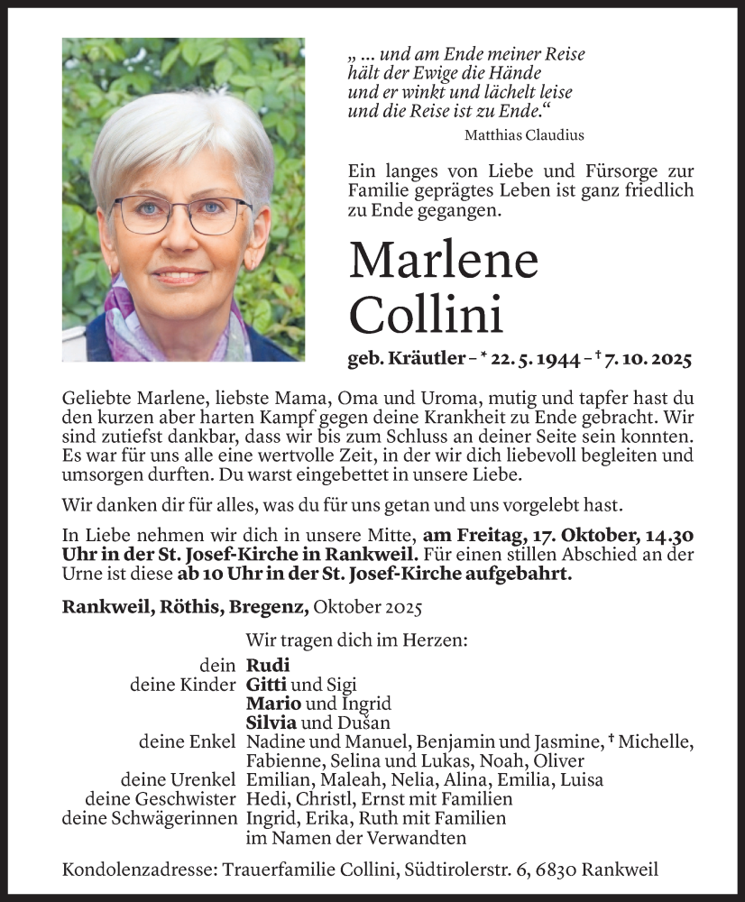  Todesanzeige für Marlene Collini vom 14.10.2025 aus Vorarlberger Nachrichten
