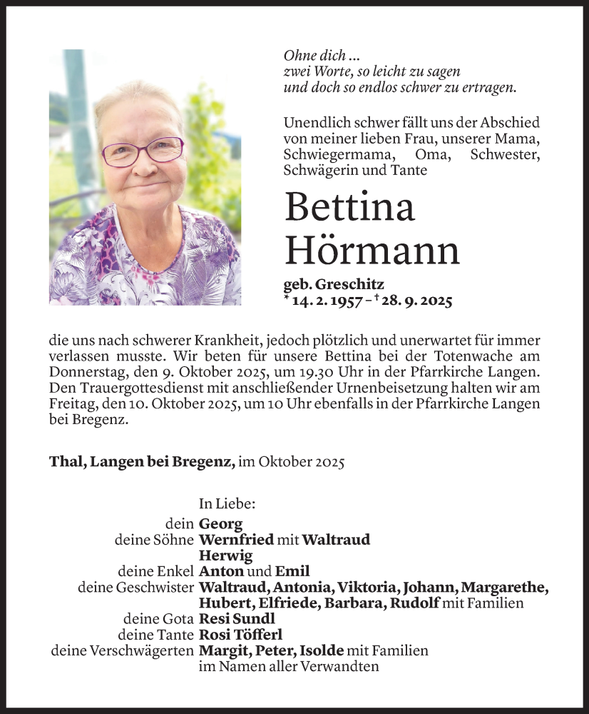  Todesanzeige für Bettina Hörmann vom 04.10.2025 aus Vorarlberger Nachrichten