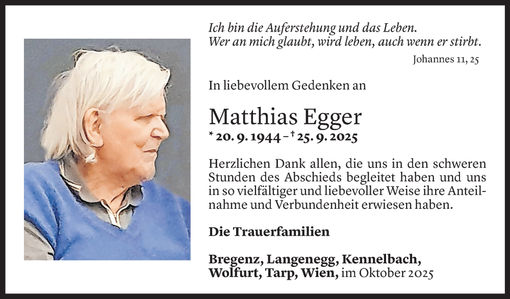  Todesanzeige für Matthias  Egger vom 24.10.2025 aus Vorarlberger Nachrichten
