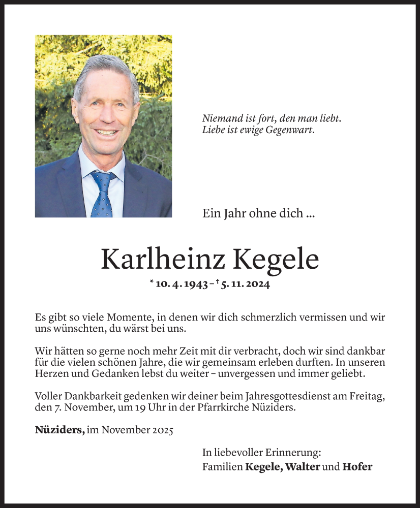  Todesanzeige für Karlheinz Kegele vom 05.11.2025 aus Vorarlberger Nachrichten