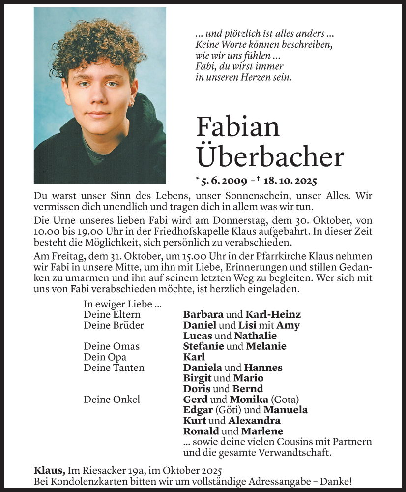 Todesanzeige für Fabian Überbacher vom 27.10.2025 aus Vorarlberger Nachrichten