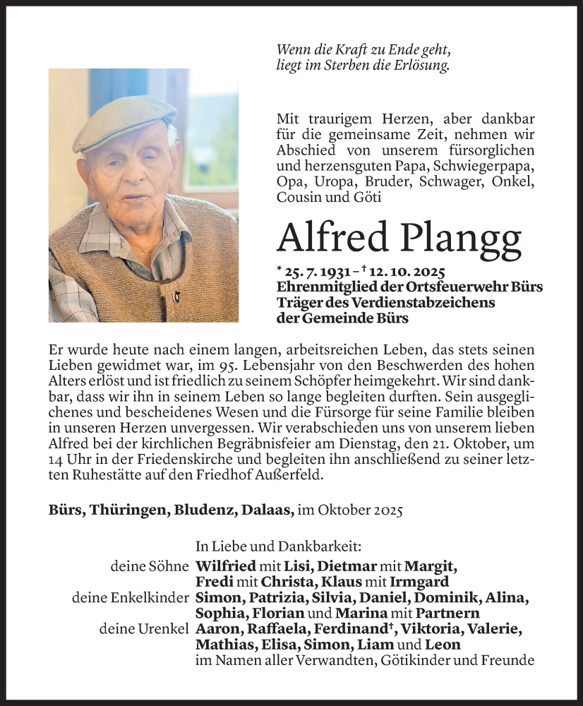  Todesanzeige für Alfred Plangg vom 17.10.2025 aus Vorarlberger Nachrichten