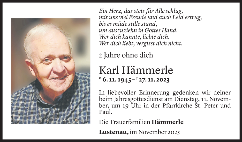  Todesanzeige für Karl Hämmerle vom 05.11.2025 aus Vorarlberger Nachrichten